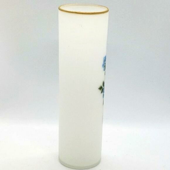 Enesco Vintage Satin White Frosted Blue Rose Flowers Gold Trim Art Glass Vase - Picture 3 of 10